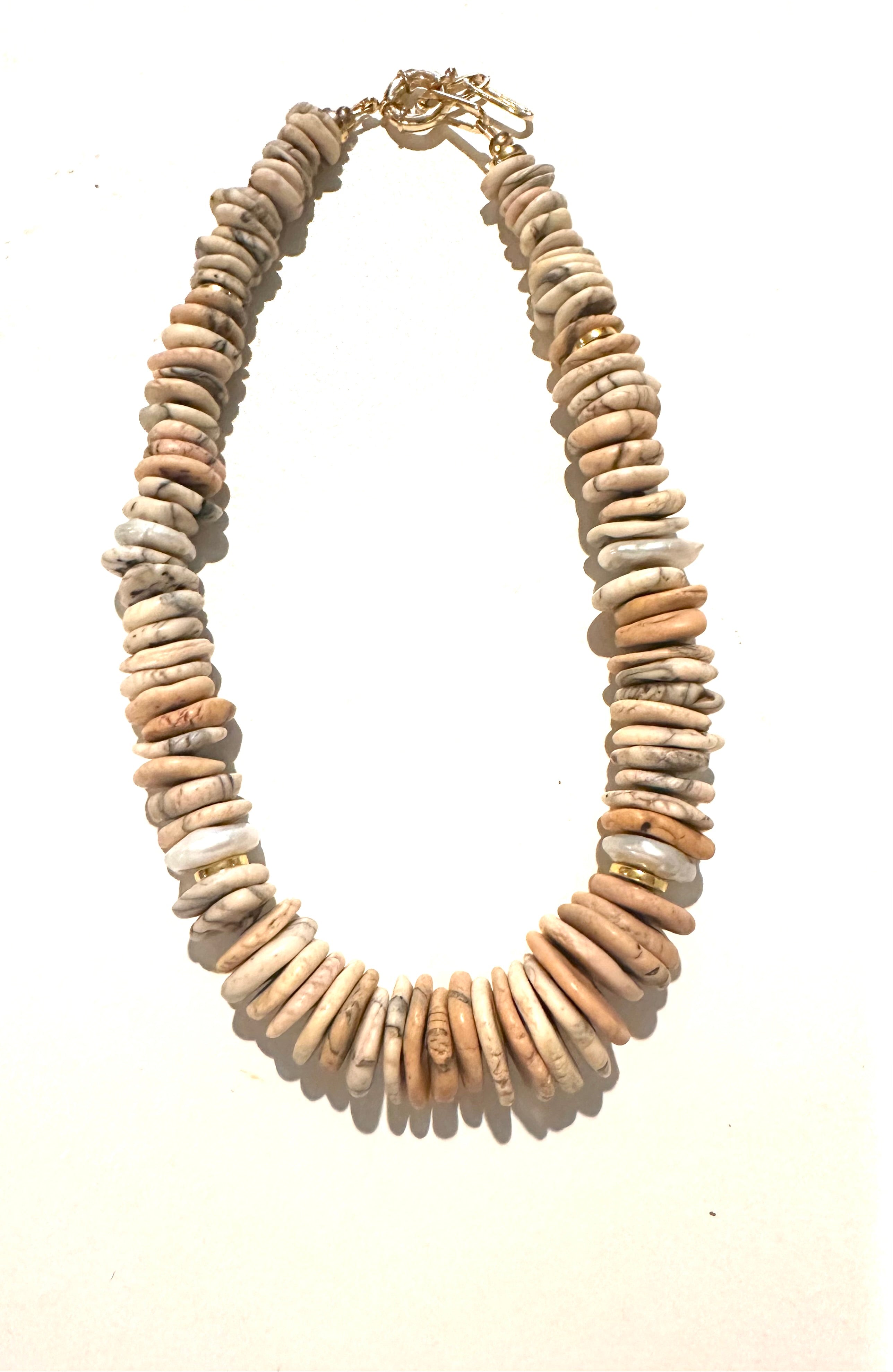 Pearl & Grey Turquoise Stone Beaded Necklace | Neutral Boho Statement Jewelry