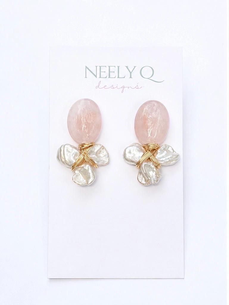 Blush Stone & Pearl Drop Earrings, Bridal Pearl Earrings, Bridesmaid Gift, Wedding Jewelry, Beach Wedding Earrings, Gold Statement Earrings
