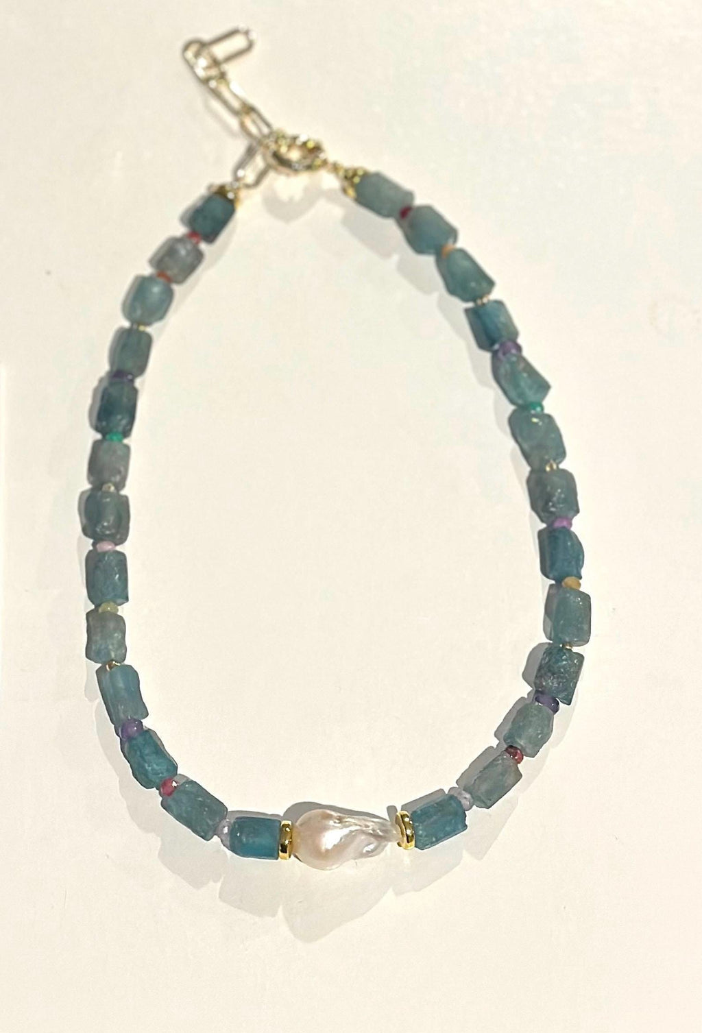 Turquoise Blue Zircon & Baroque Pearl Necklace | Gemstone Statement Jewelry