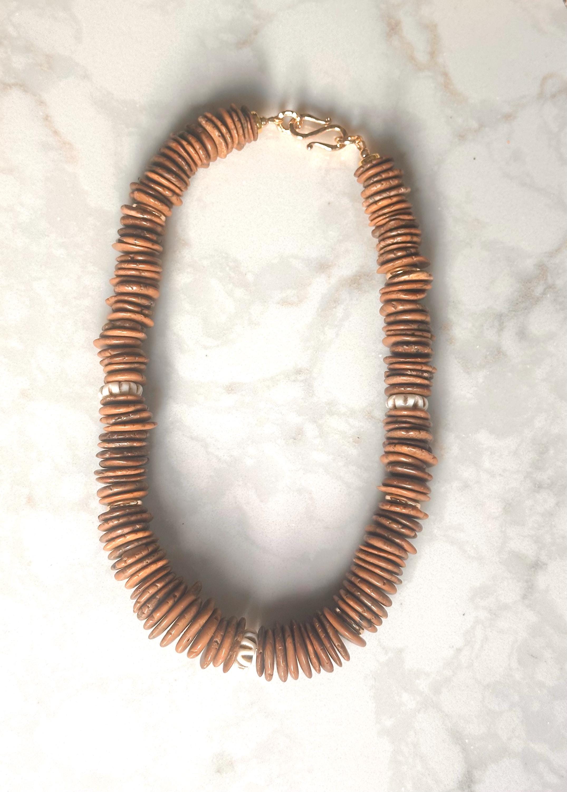 Brown Disc & Turquoise Stone Beaded Necklace | Neutral Fall Statement Jewelry