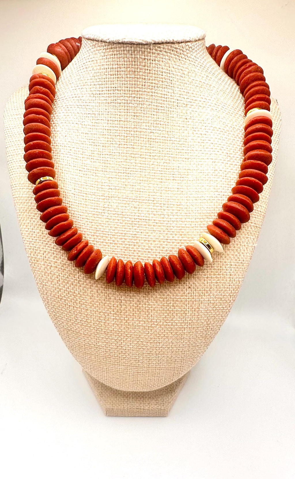 Burgundy African Glass Saucer Bead Necklace: Gold Accents, Boho Jewelry