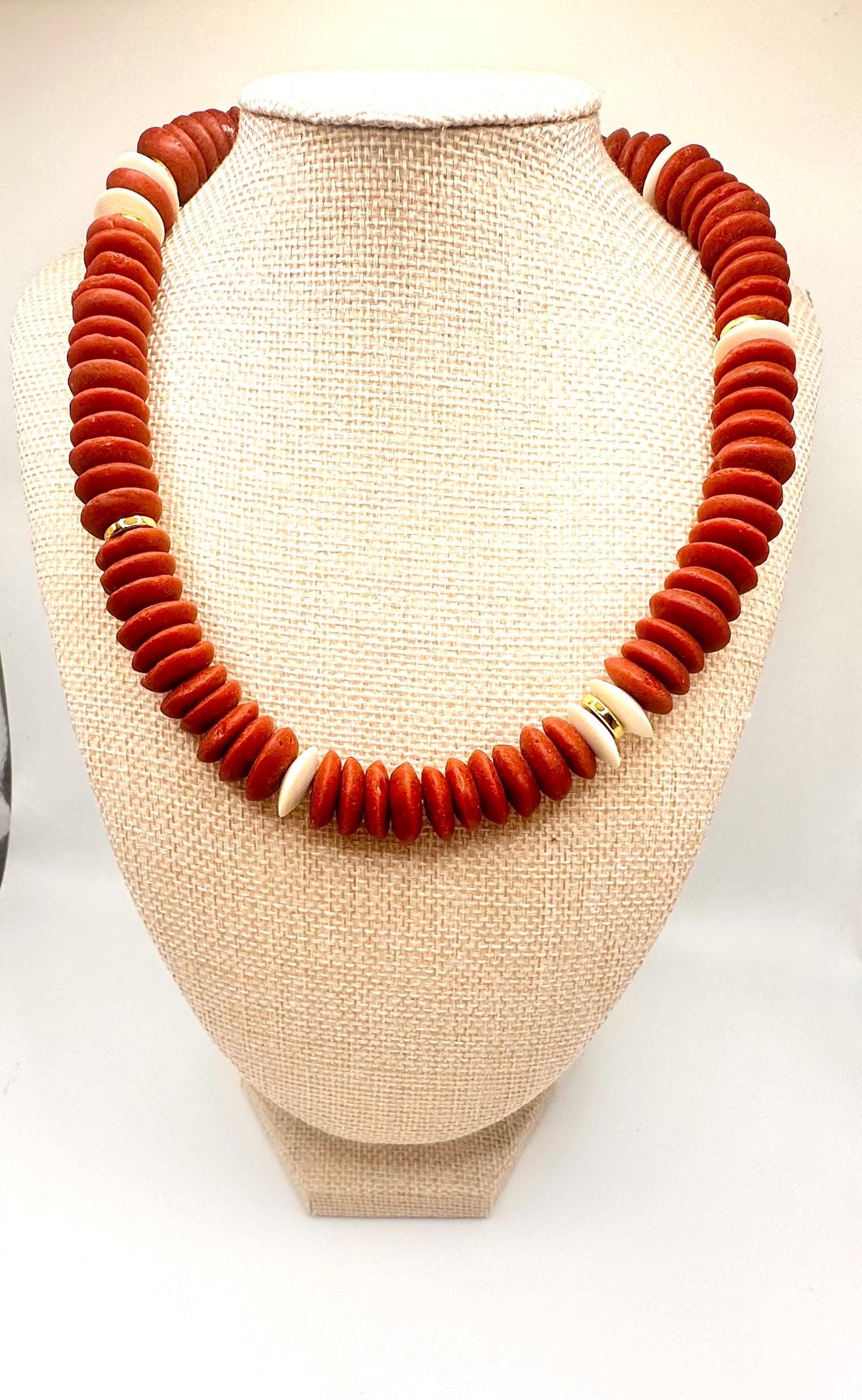 Burgundy African Glass Saucer Bead Necklace: Gold Accents, Boho Jewelry