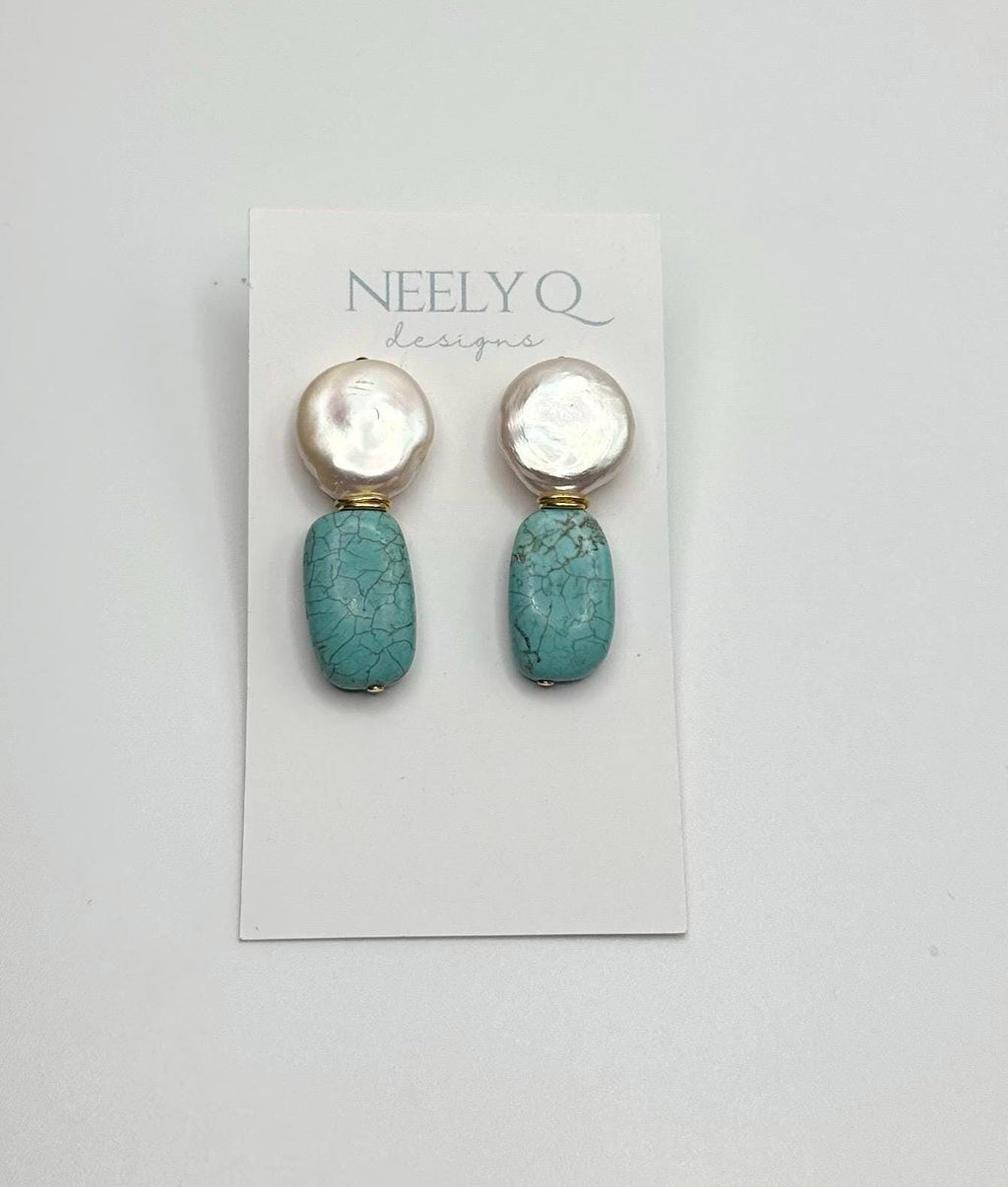Pearl Turquoise Earrings: Geometric Stone Drop Earrings
