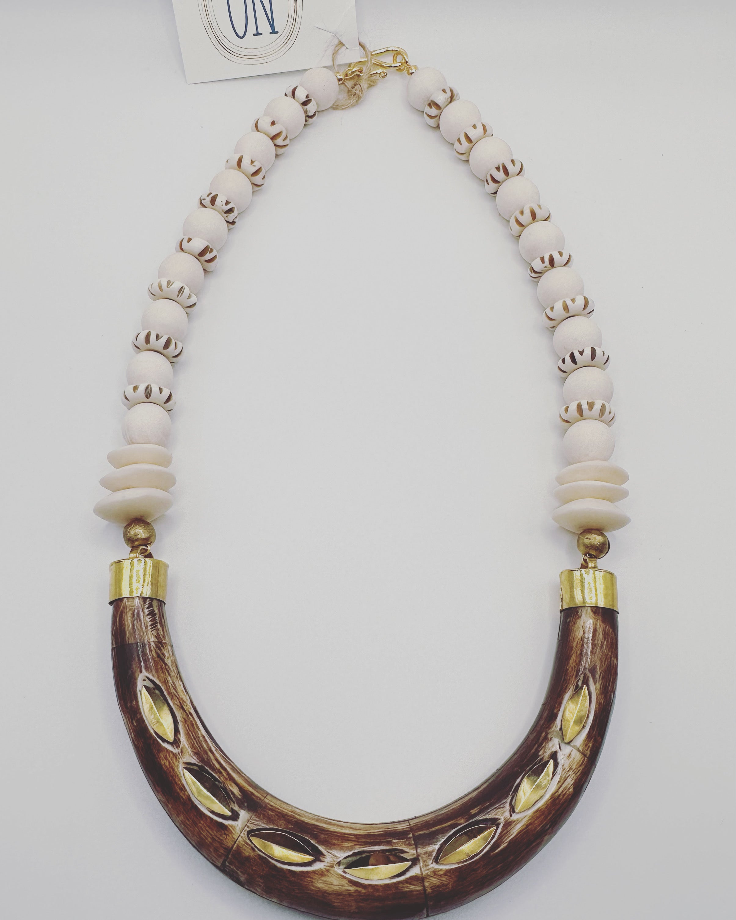 Brown Horn Crescent Necklace with African Disc Beads | Neutral Boho Statement Jewelry