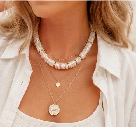Shell Pearl Disc Bead Necklace | Coastal Jewelry | Neutral Statement Necklace | Beach Necklace | Travel Jewelry Gift for Her