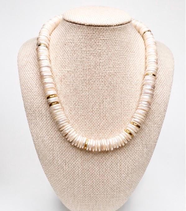 Shell Pearl Disc Bead Necklace | Coastal Jewelry | Neutral Statement Necklace | Beach Necklace | Travel Jewelry Gift for Her