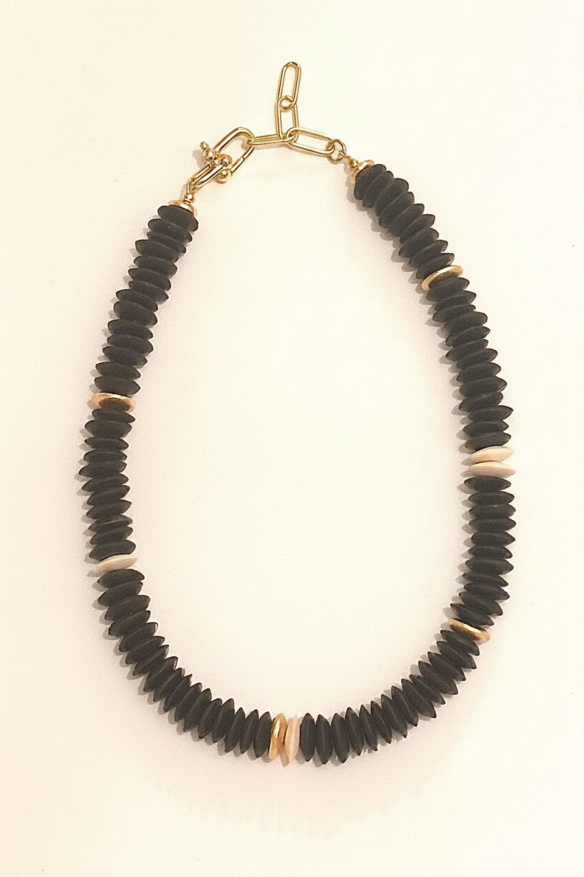 Black Saucer Bead and Gold Necklace l African Black Glass Saucer Beads l Gameday Necklace l Boho Necklace
