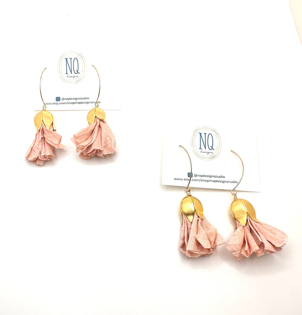 Rose Pink Silk Tassel Earrings: Gold Flower, Handmade Sari Silk