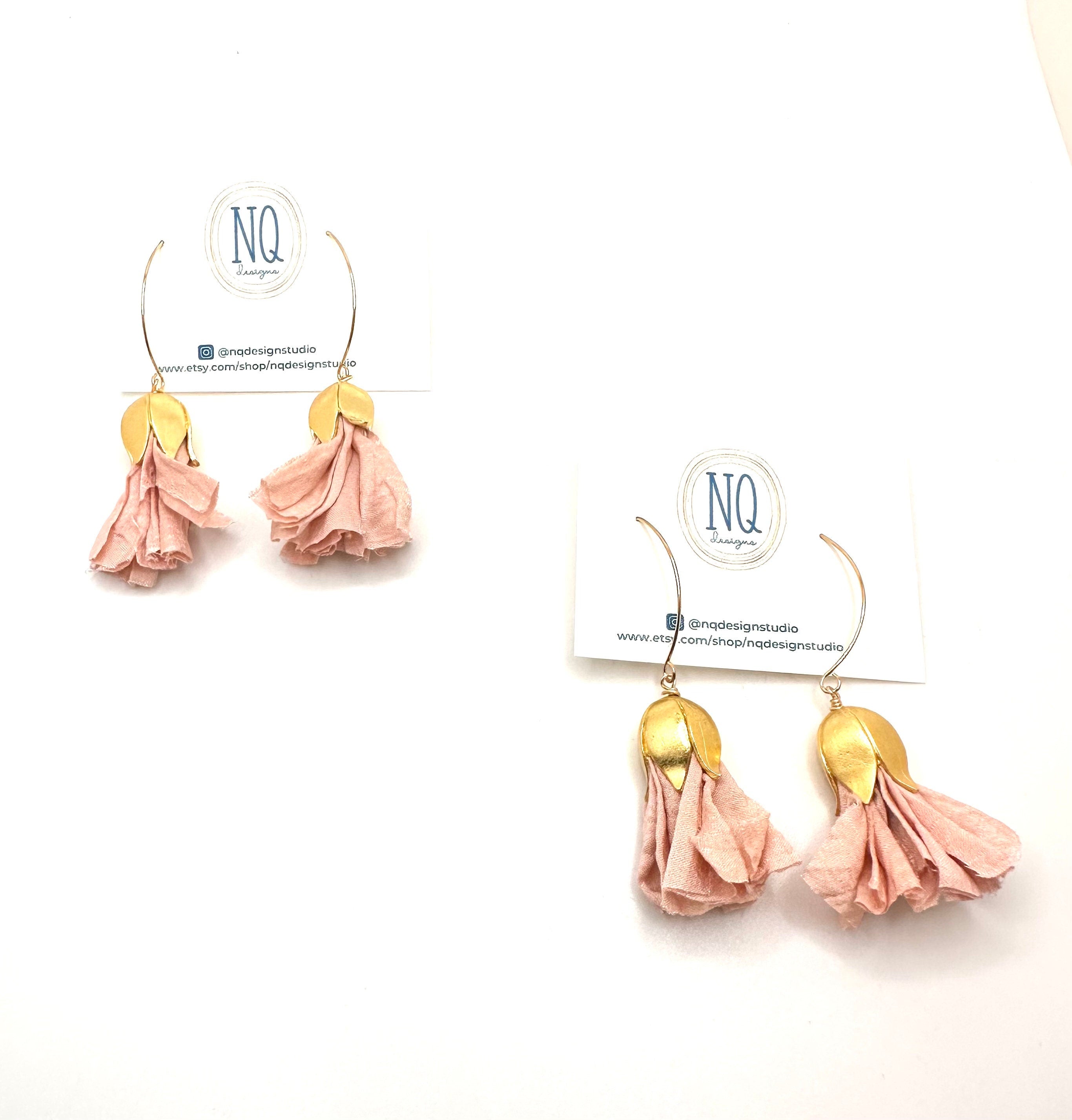 Rose Pink Silk Tassel Earrings: Gold Flower, Handmade Sari Silk