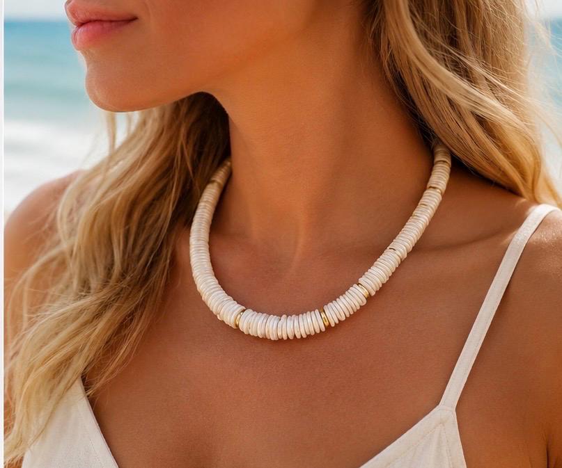 Shell Pearl Disc Bead Necklace | Coastal Jewelry | Neutral Statement Necklace | Beach Necklace | Travel Jewelry Gift for Her