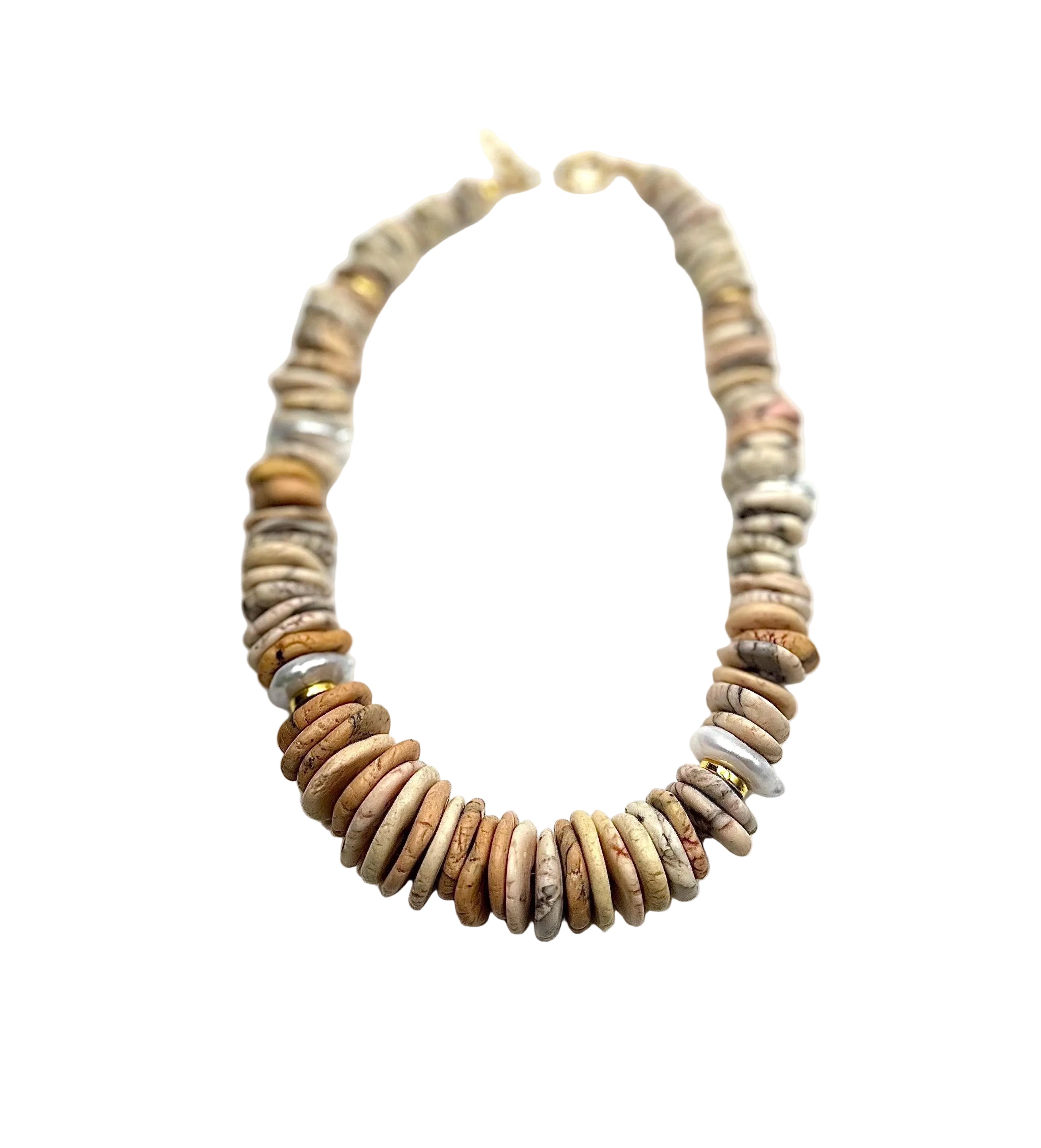 Pearl & Grey Turquoise Stone Beaded Necklace | Neutral Boho Statement Jewelry