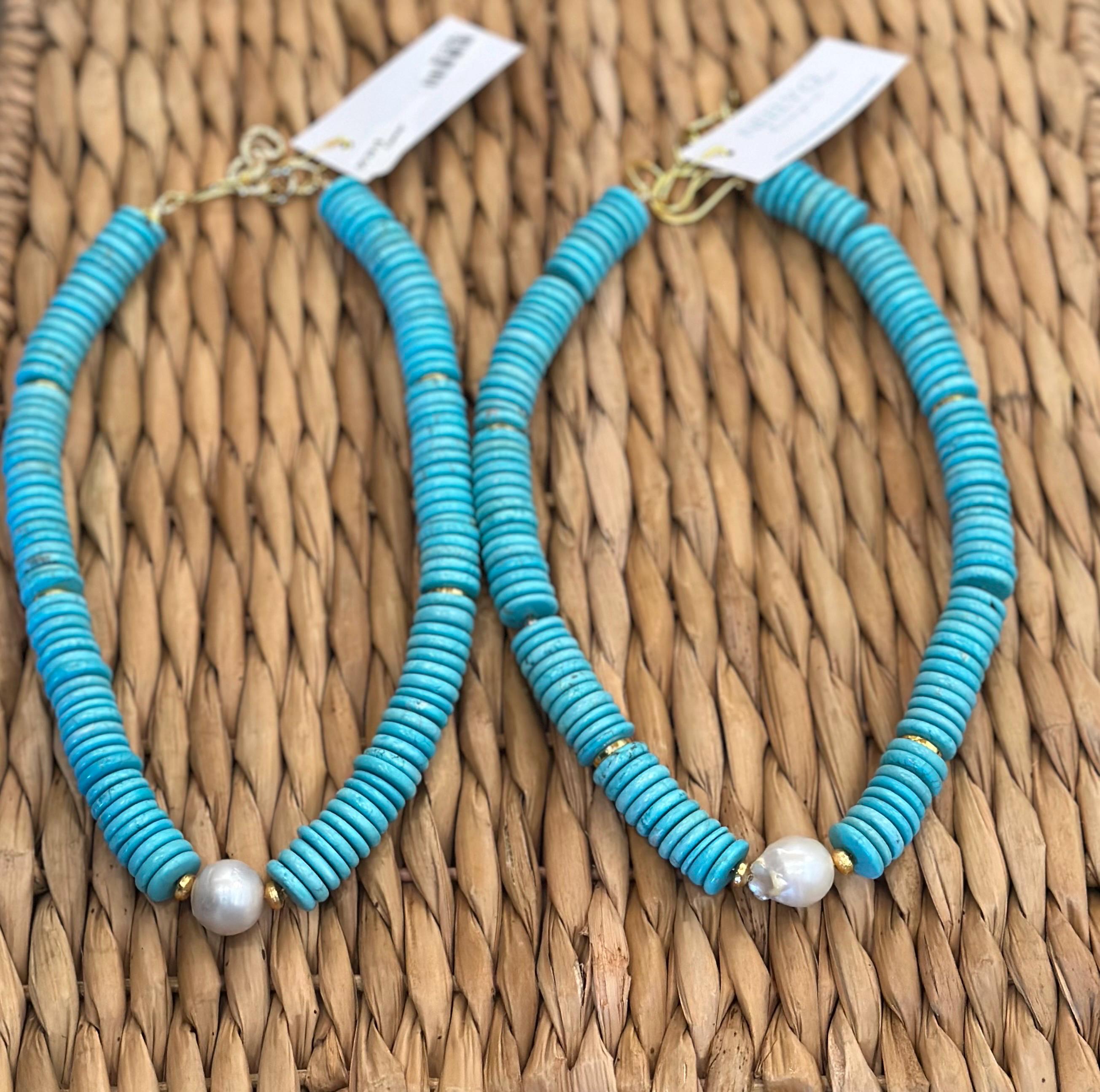 Turquoise Beaded Necklace with Pearl | Turquoise Statement Necklace | Gold Accent Gemstone Necklace | Summer Jewelry | Beach Necklace Gift