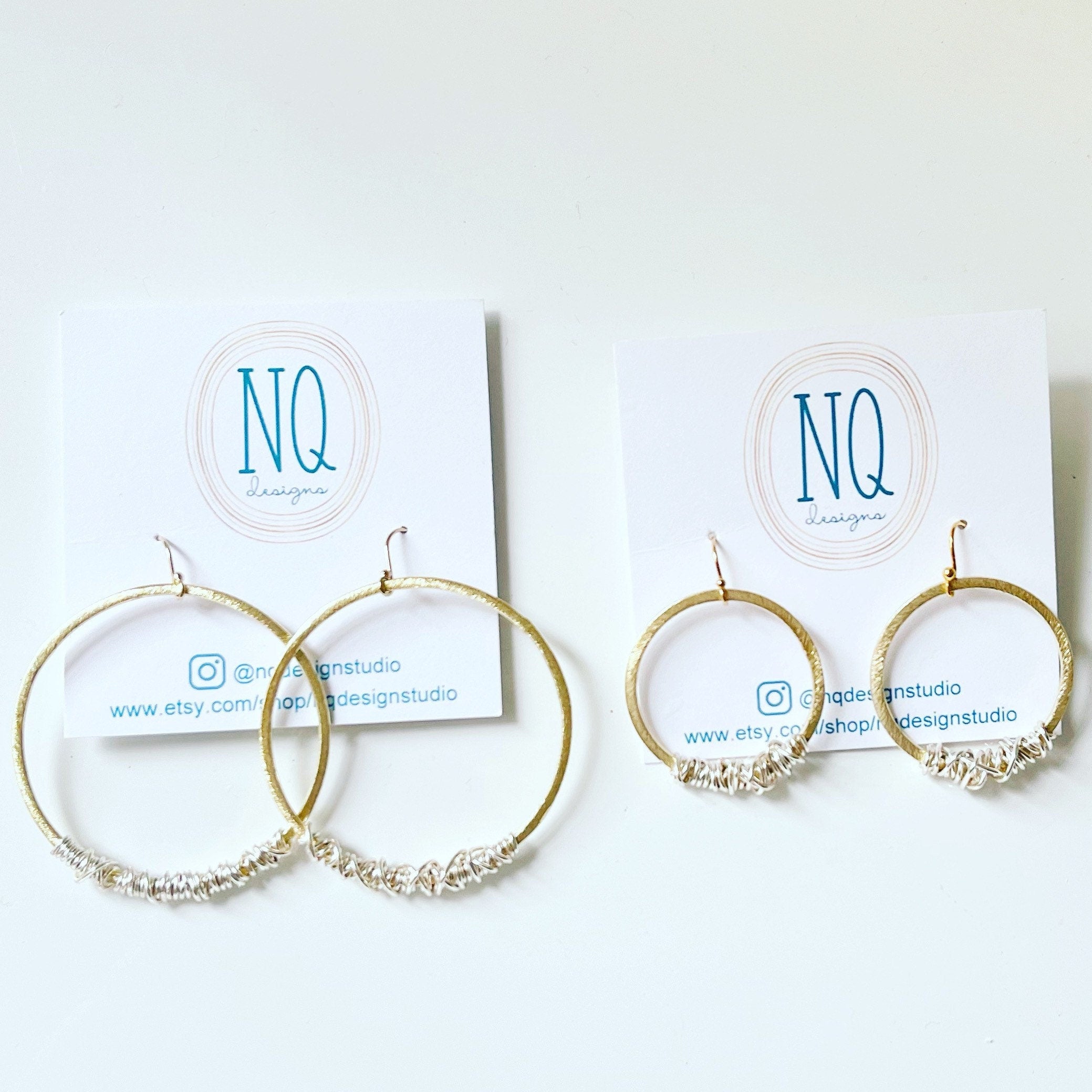 Gold Circle and Silver Wire-wrapped Nest Earrings, Gold Hoop Earrings, Gold and Silver dangle earrings