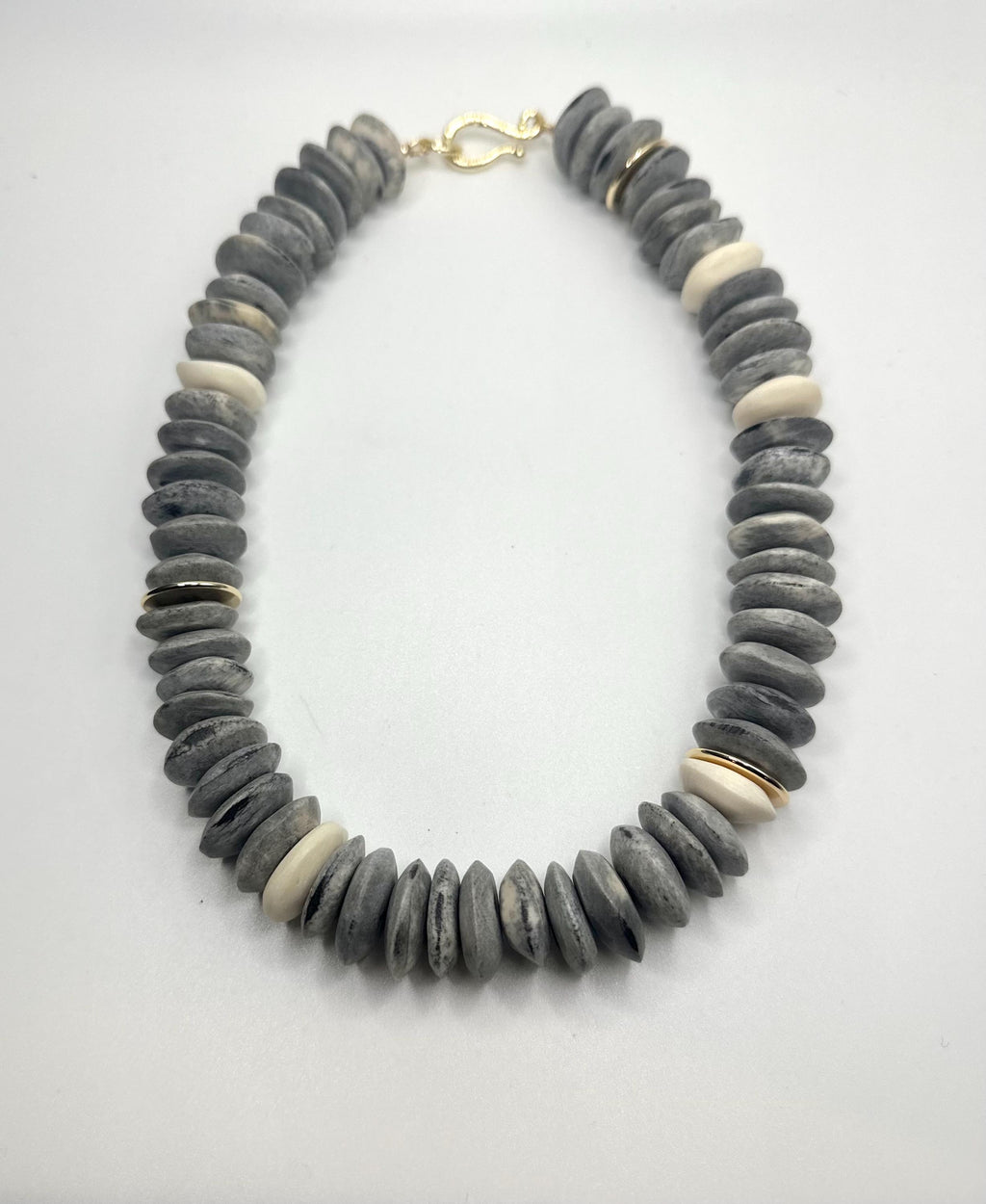 Indigo Grey Bone Bead Statement Necklace | Neutral Fall Boho Jewelry