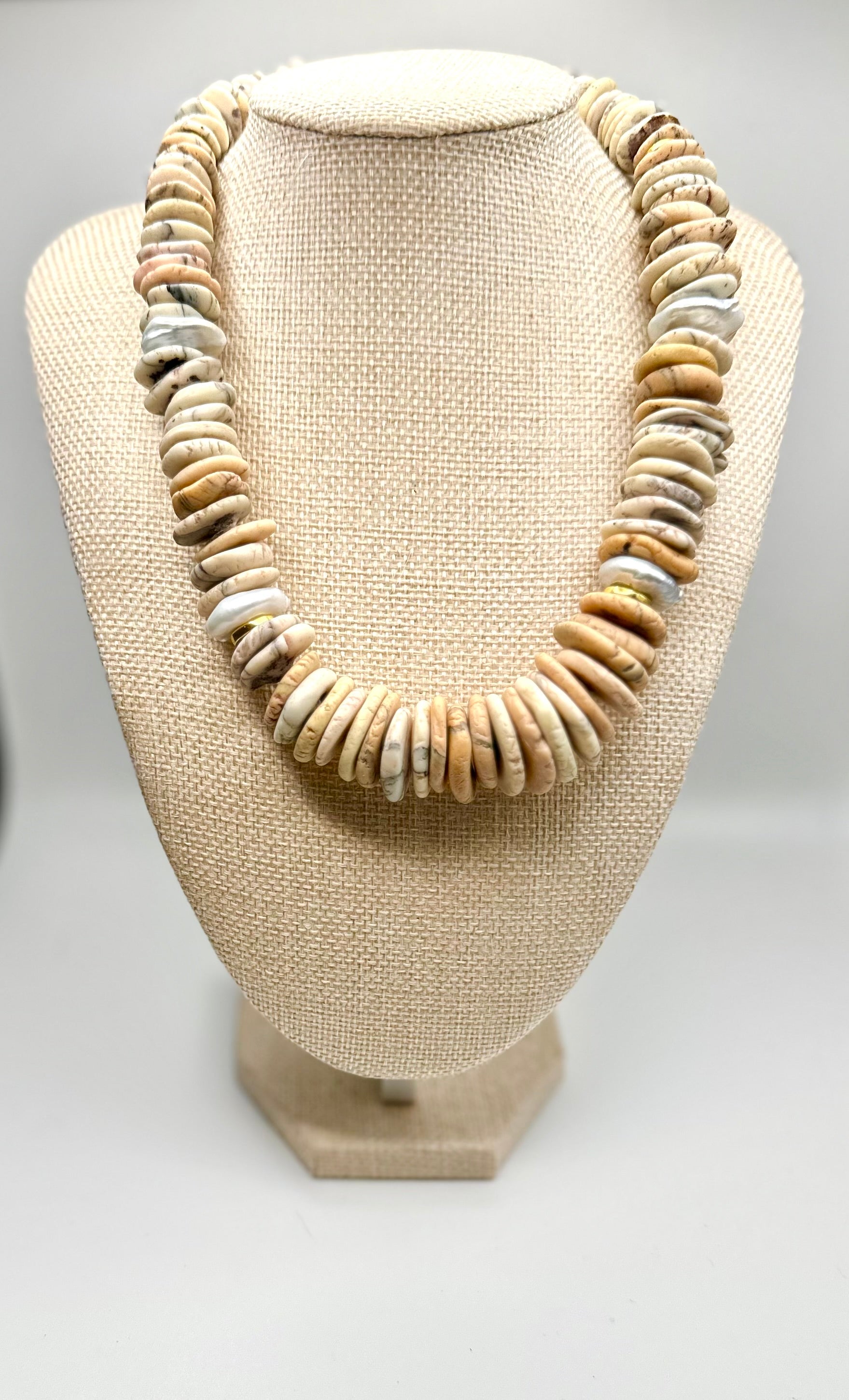 Pearl & Grey Turquoise Stone Beaded Necklace | Neutral Boho Statement Jewelry