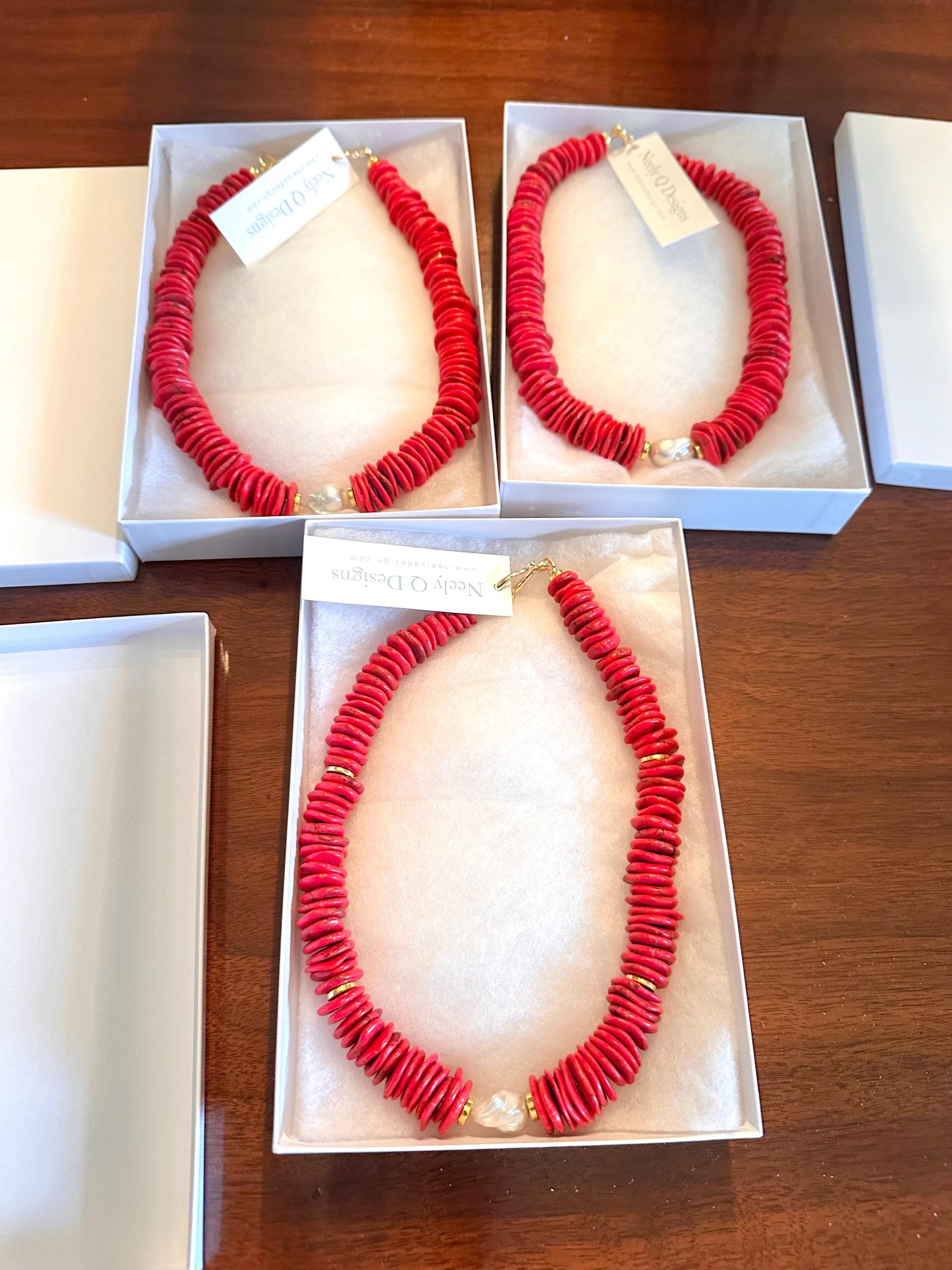 Boho Red Beaded and Pearl Necklace | Chunky Red Statement Necklace | Handmade Layering Necklace | Gift for her
