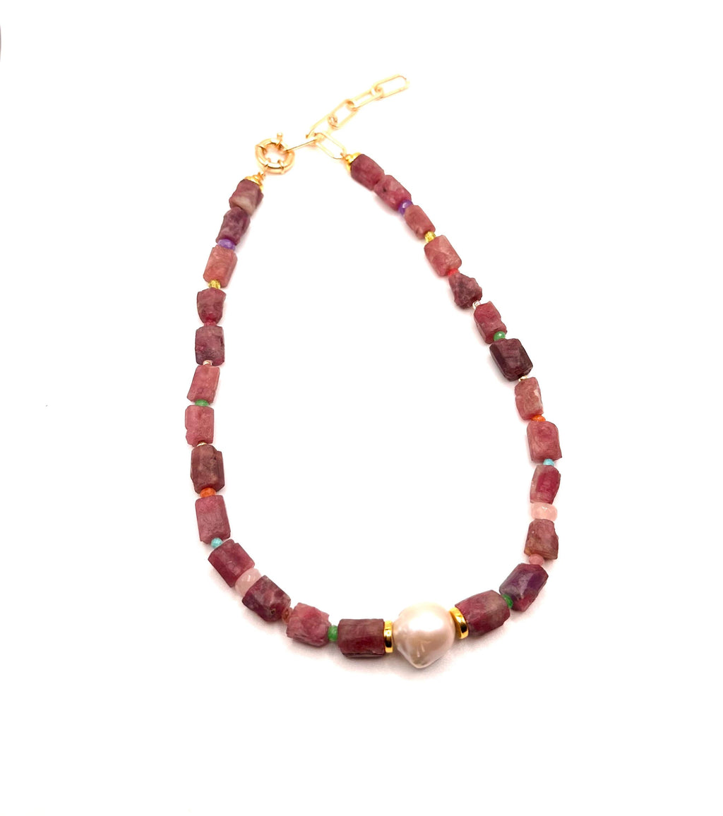 Mauve Pink Zircon & Baroque Pearl Necklace | Gemstone Statement Jewelry
