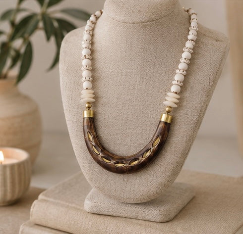 Brown Horn Crescent Necklace with African Disc Beads | Neutral Boho Statement Jewelry
