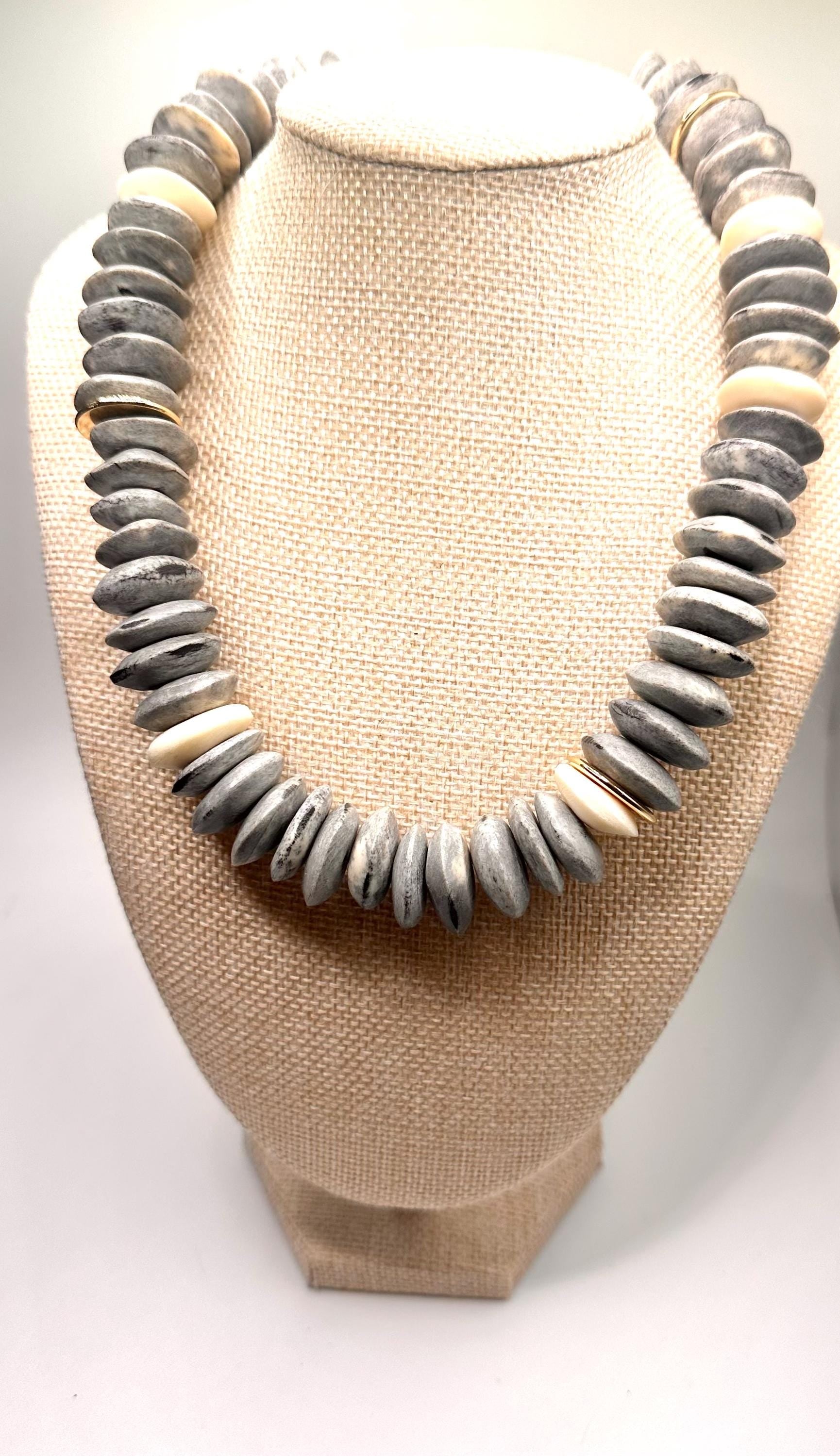 Indigo Grey Bone Bead Statement Necklace | Neutral Fall Boho Jewelry