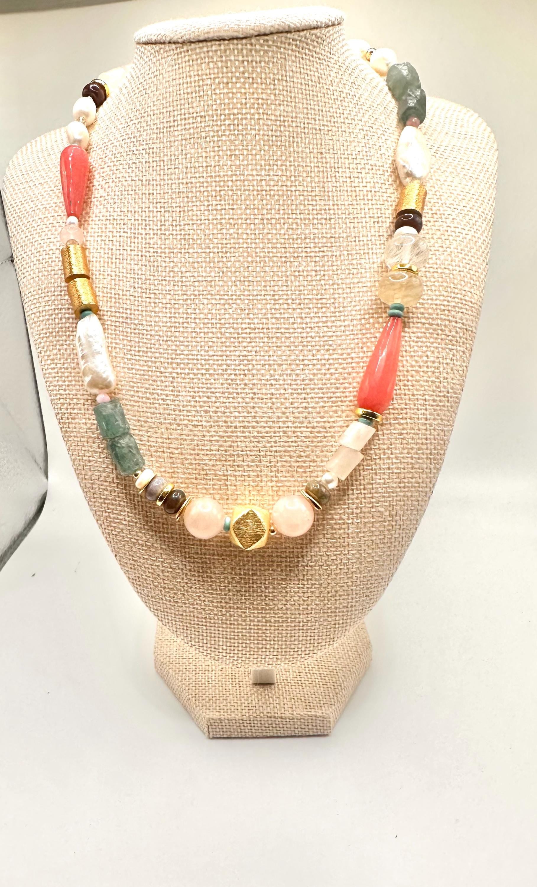 Multi-Colored Gemstone & Pearl Beaded Necklace | Boho Statement Jewelry