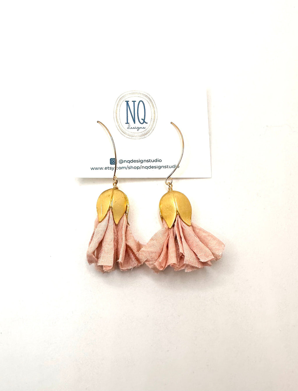 Rose Pink Silk Tassel Earrings: Gold Flower, Handmade Sari Silk