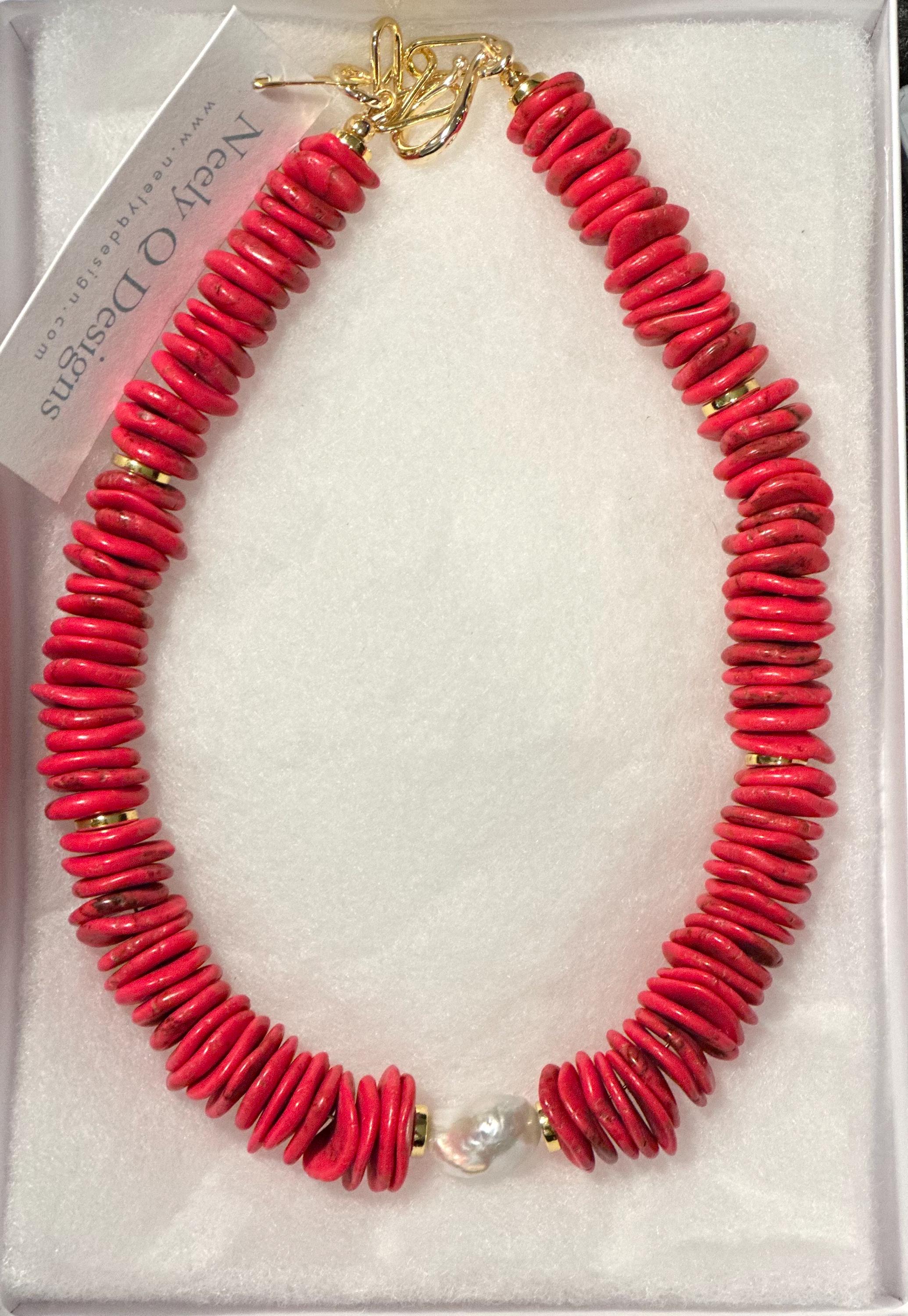 Boho Red Beaded and Pearl Necklace | Chunky Red Statement Necklace | Handmade Layering Necklace | Gift for her