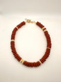 Burgundy African Glass Saucer Bead Necklace: Gold Accents, Boho Jewelry
