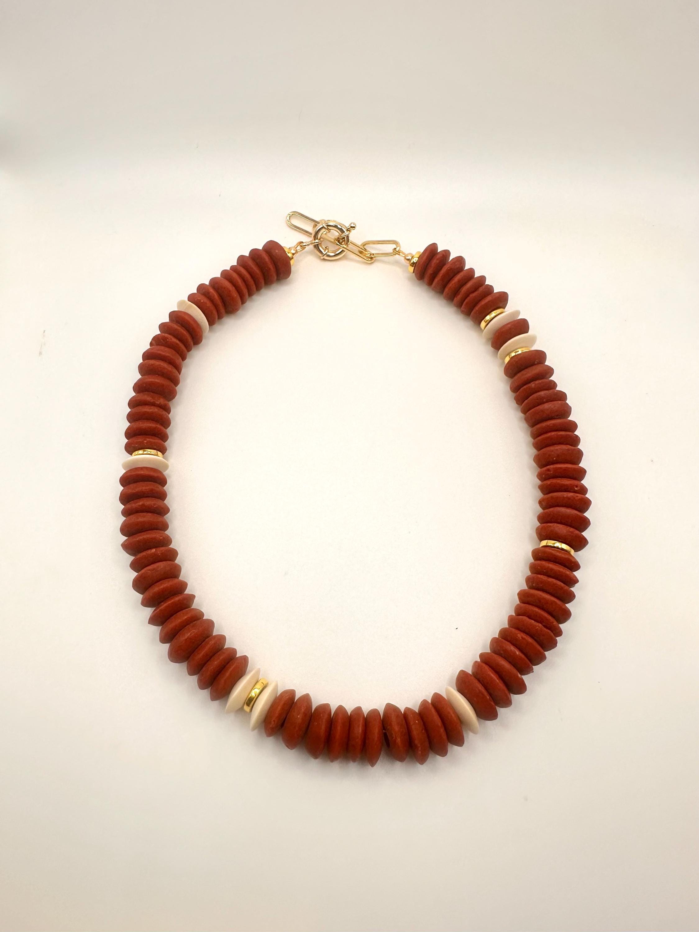 Burgundy African Glass Saucer Bead Necklace: Gold Accents, Boho Jewelry