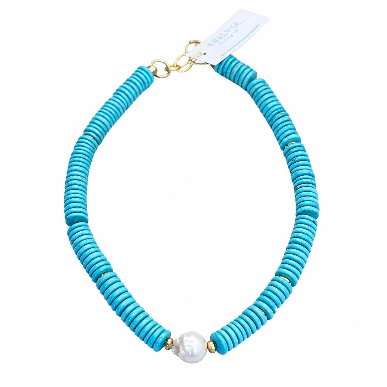 Turquoise Beaded Necklace with Pearl | Turquoise Statement Necklace | Gold Accent Gemstone Necklace | Summer Jewelry | Beach Necklace Gift
