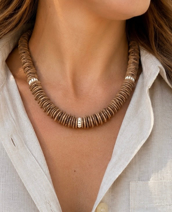 Brown Disc Beaded Necklace | Neutral Fall Statement Jewelry