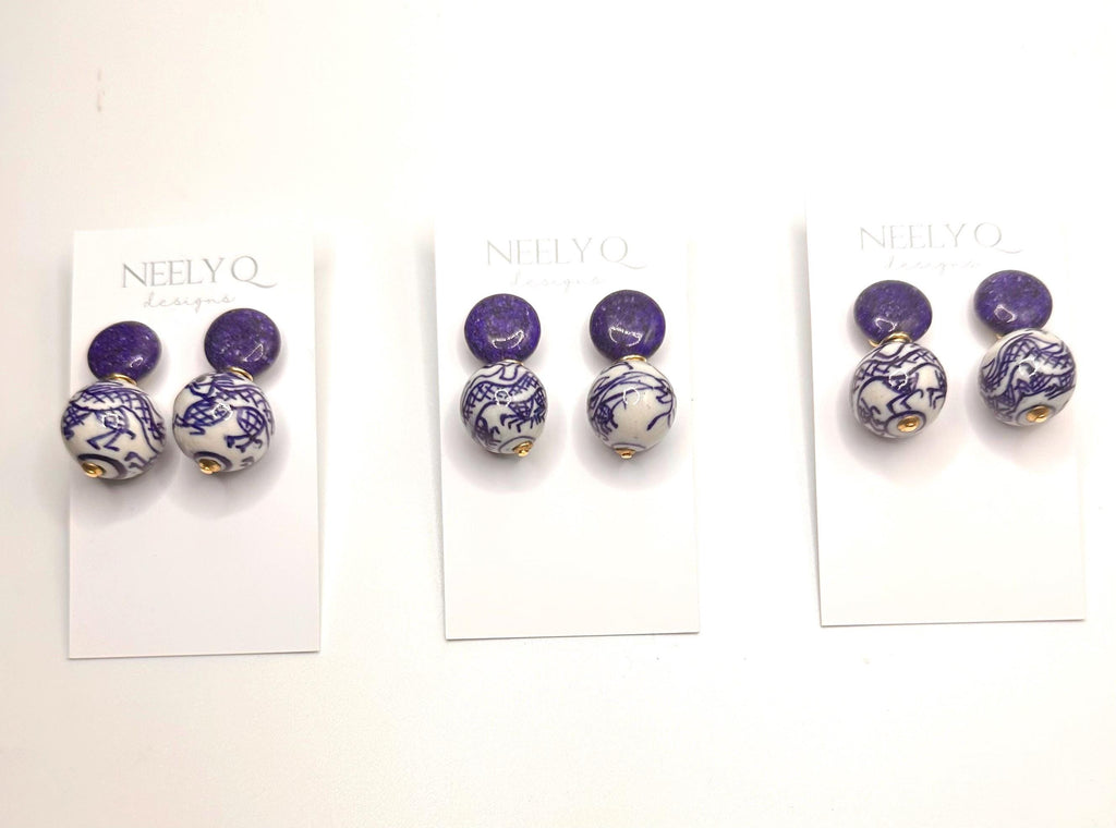 Blue Stone & Chinoiserie Bead Drop Earrings | Dainty Bridal Jewelry