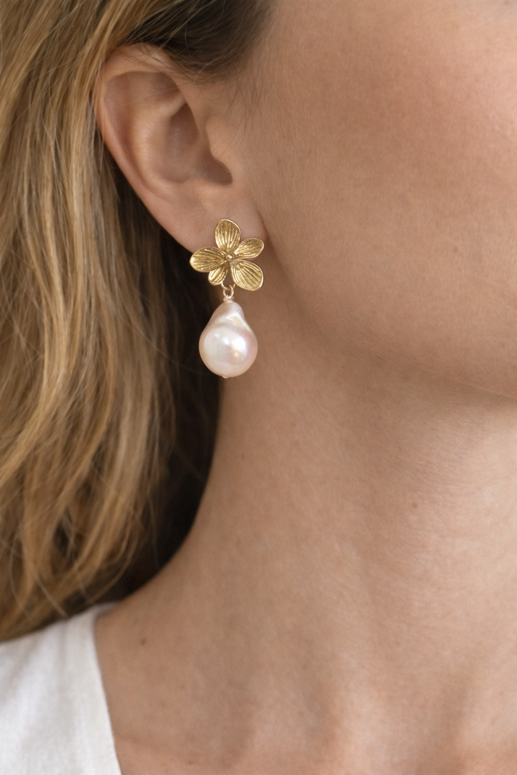 Gold Flower & Baroque Pearl Drop Earrings | Dainty Bridal Jewelry