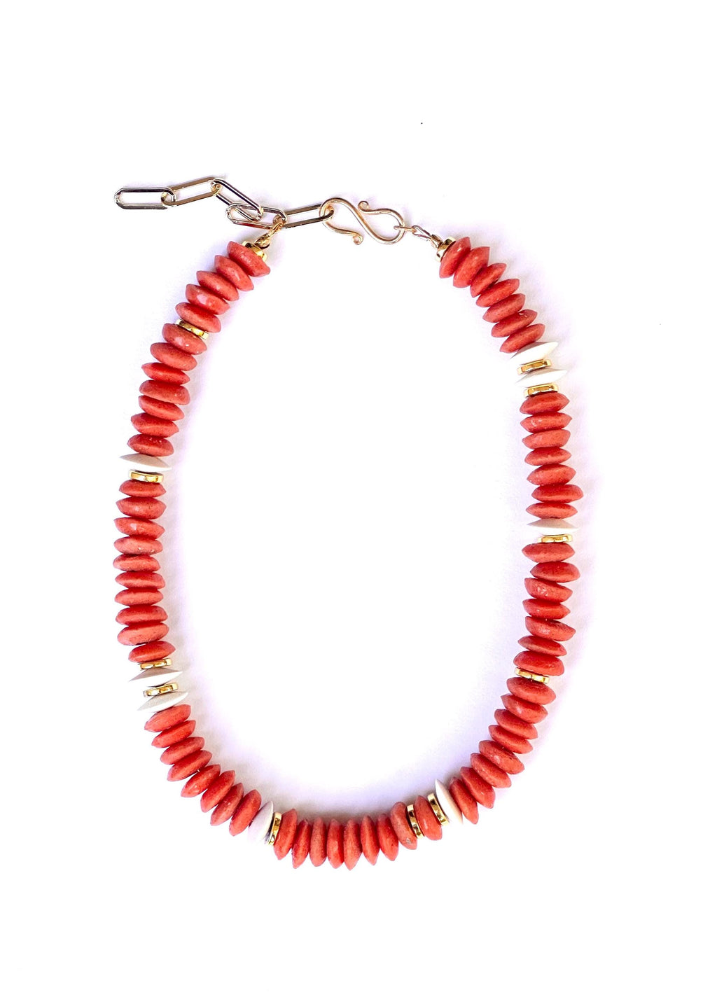 Orange African Glass Beaded Necklace | Boho Statement Jewelry with Gold Accents