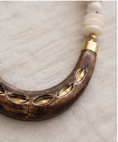 Brown Horn Crescent Necklace with African Disc Beads | Neutral Boho Statement Jewelry