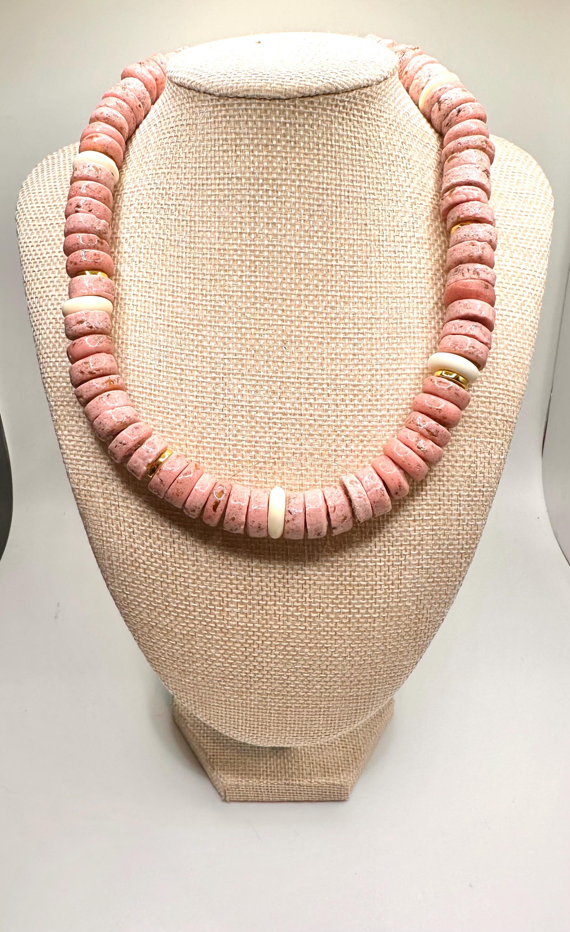 Pink & Cream African Glass Beaded Necklace - Breast Cancer Awareness Jewelry