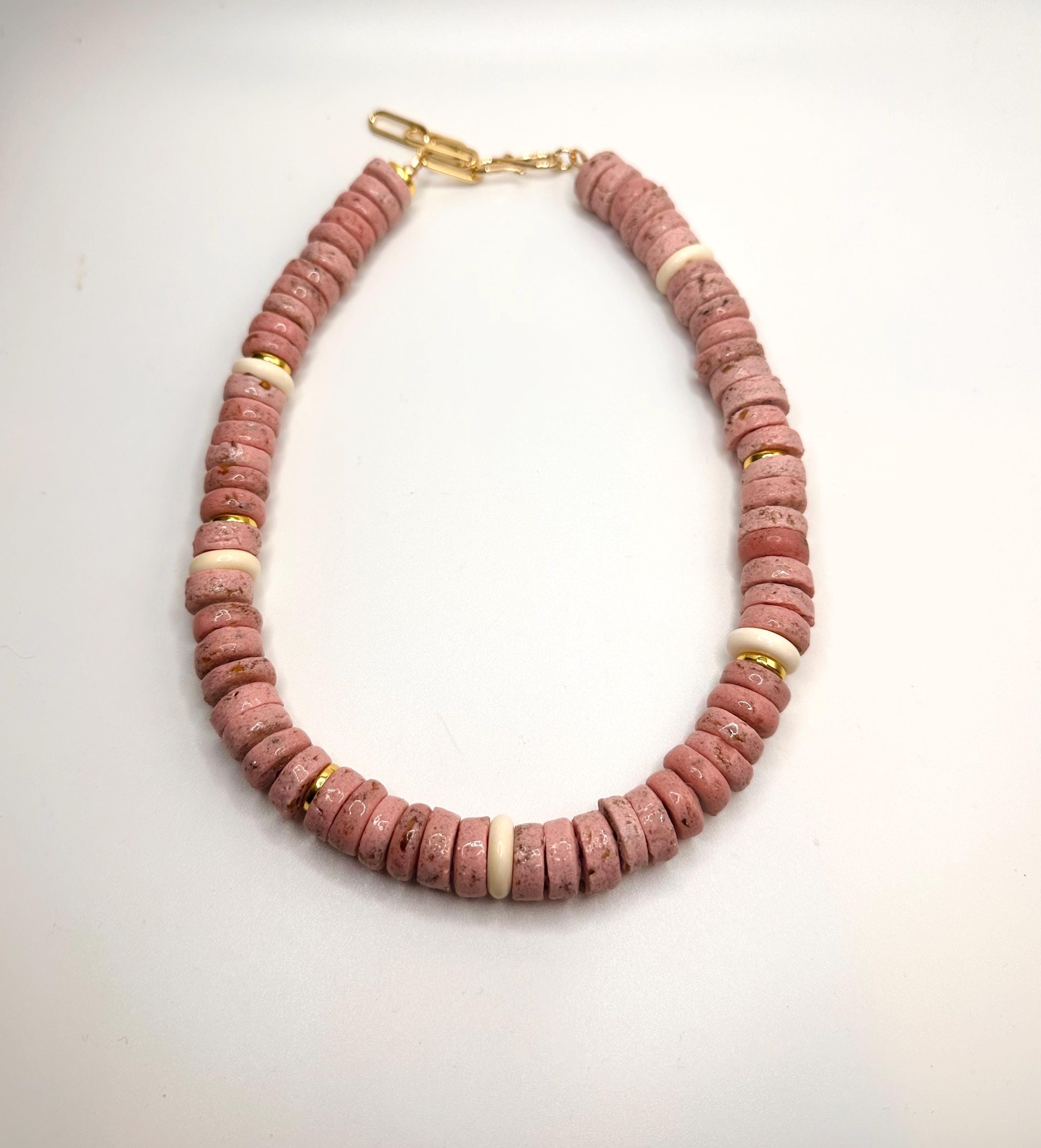 Pink & Cream African Glass Beaded Necklace - Breast Cancer Awareness Jewelry