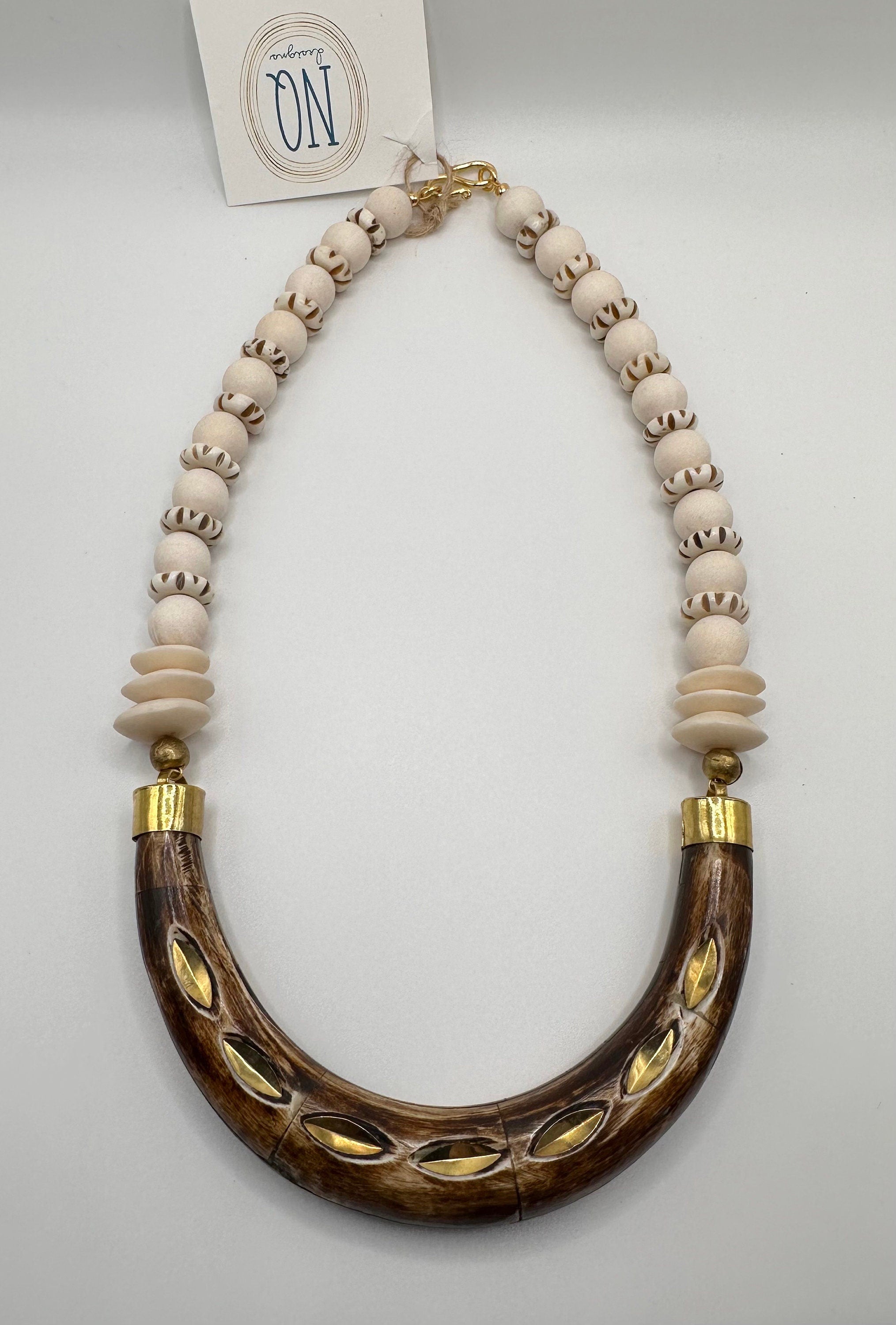 Brown Horn Crescent Necklace with African Disc Beads | Neutral Boho Statement Jewelry