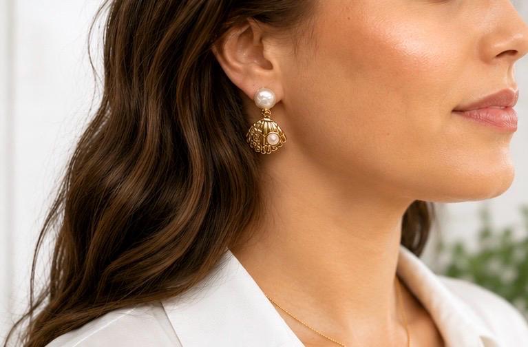 Statement Pearl Earrings, Gold Seashell Drop Earrings, Bold Beaded Earrings, Elegant Jewelry, Wedding Guest Earrings, Gift for Her