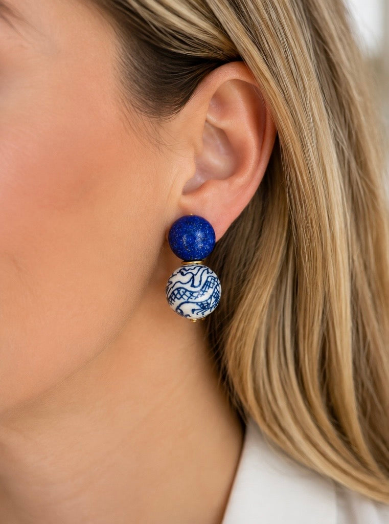 Blue Stone & Chinoiserie Bead Drop Earrings | Dainty Bridal Jewelry