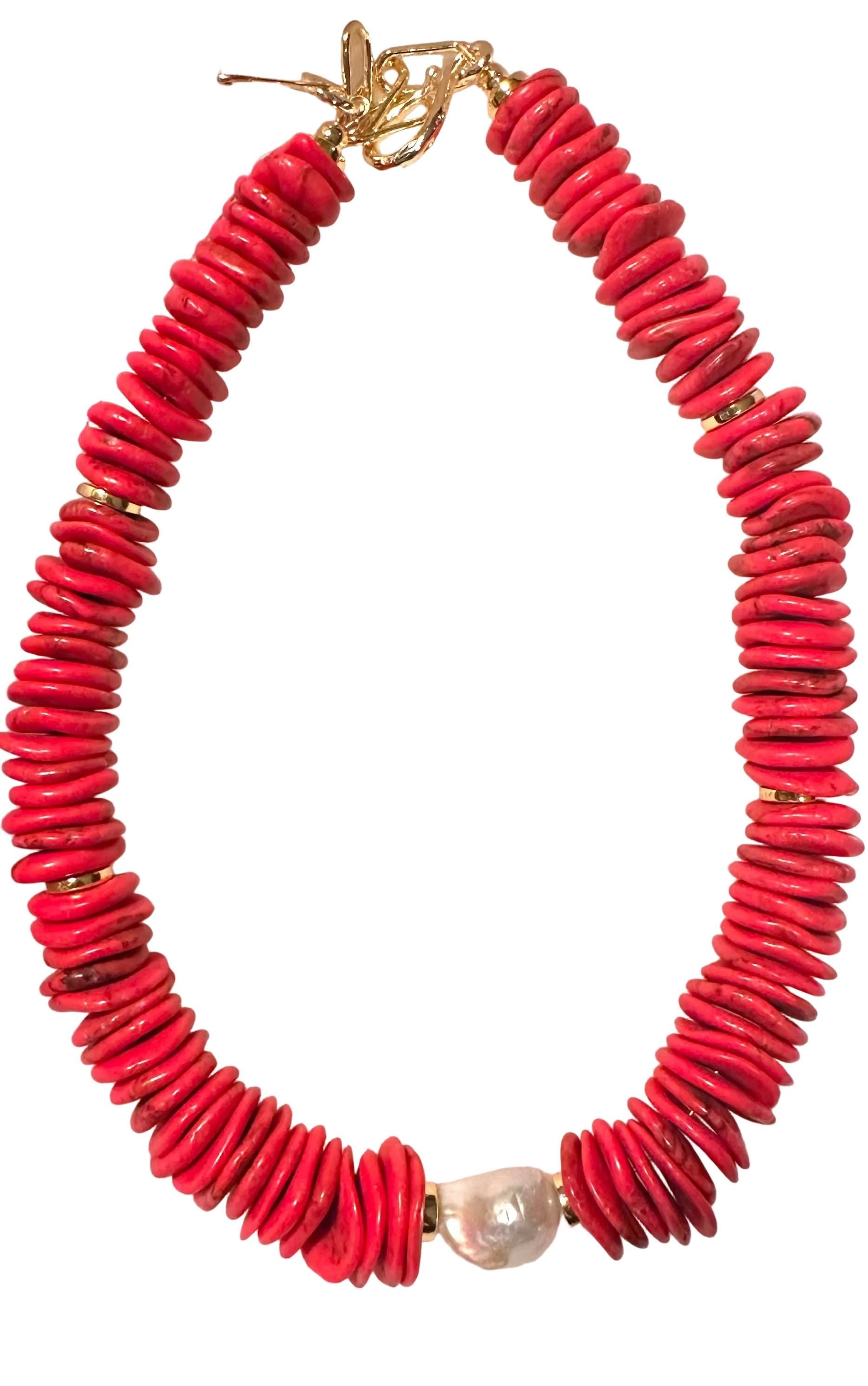 Boho Red Beaded and Pearl Necklace | Chunky Red Statement Necklace | Handmade Layering Necklace | Gift for her