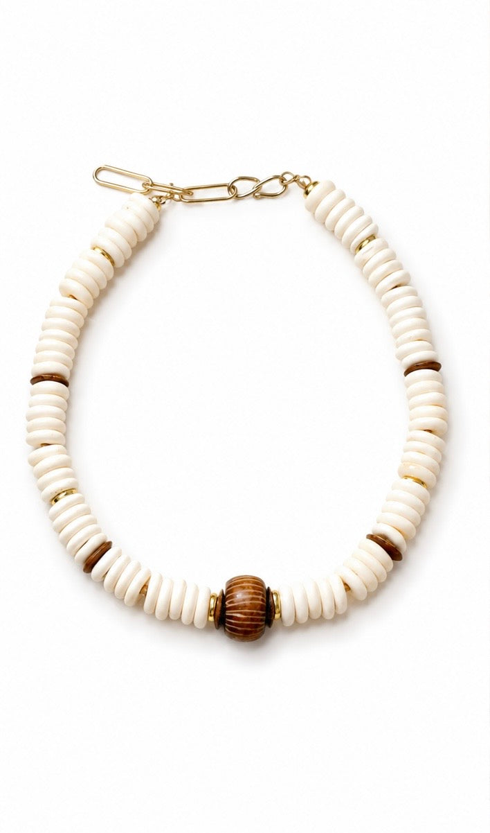 Bone Bead and Wooden Ostuni Necklace: Fall Neutral Statement Jewelry