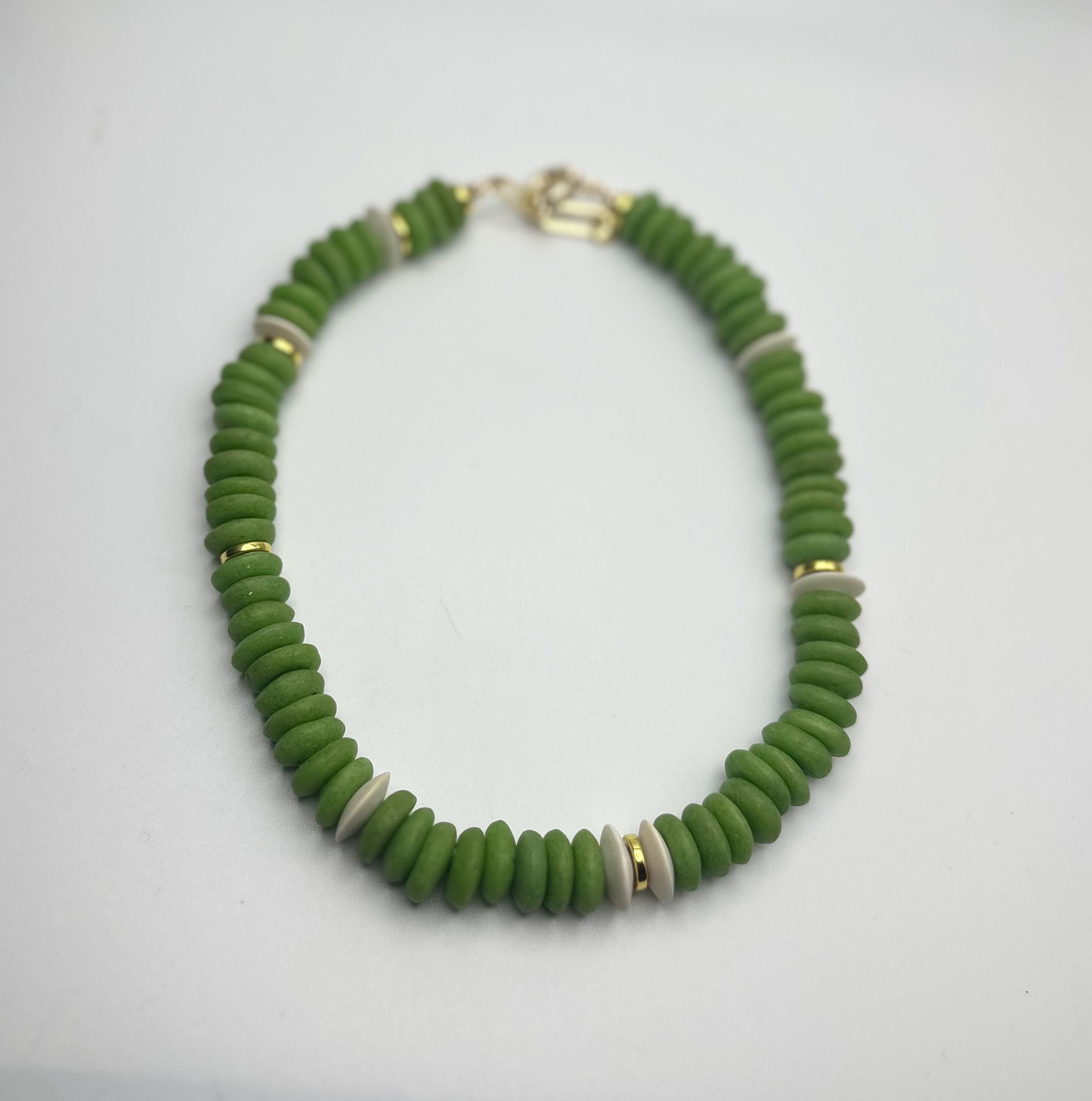 Winter Green Saucer + Gold Necklace | African Saucer Beaded Necklace | Statement Necklace