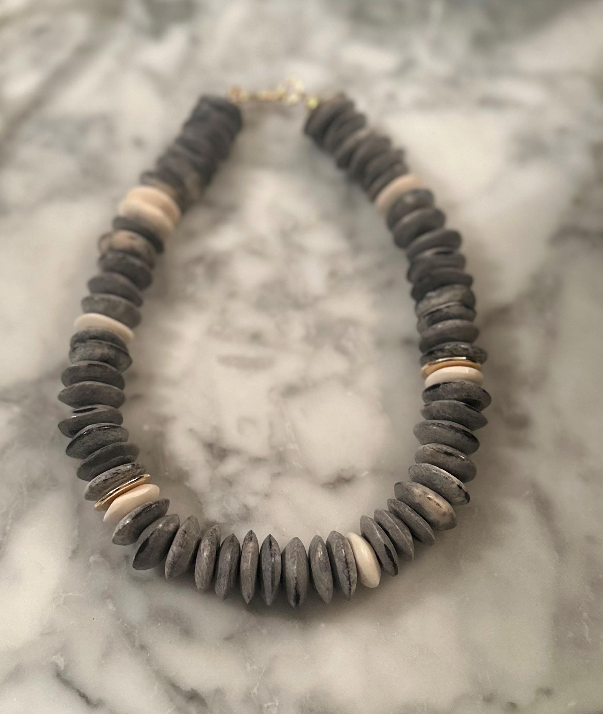 Indigo Grey Bone Bead Statement Necklace | Neutral Fall Boho Jewelry