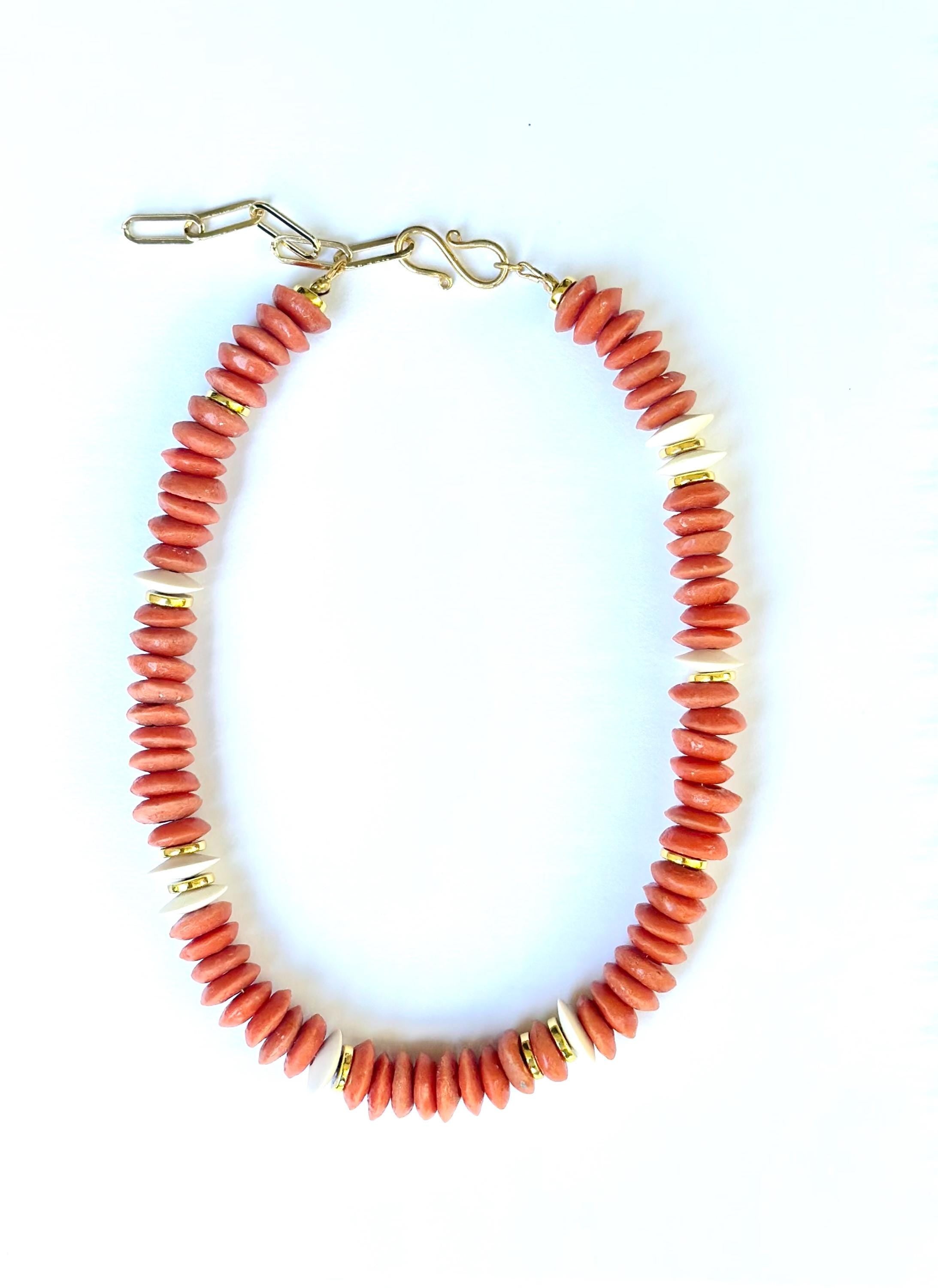 Orange African Glass Beaded Necklace | Boho Statement Jewelry with Gold Accents