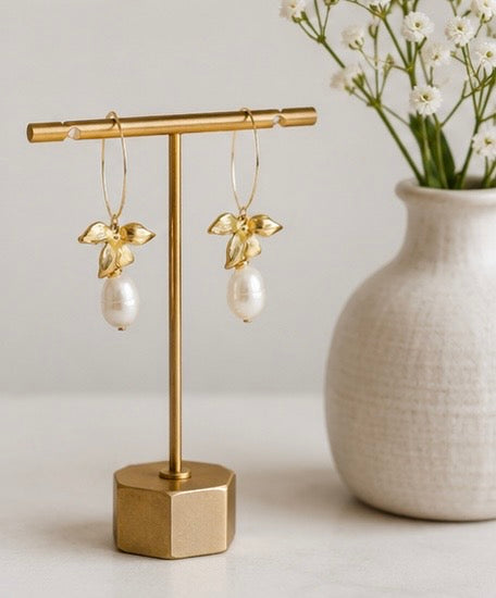 Freshwater Pearl & Gold Flower Drop Earrings | Dainty Statement Jewelry