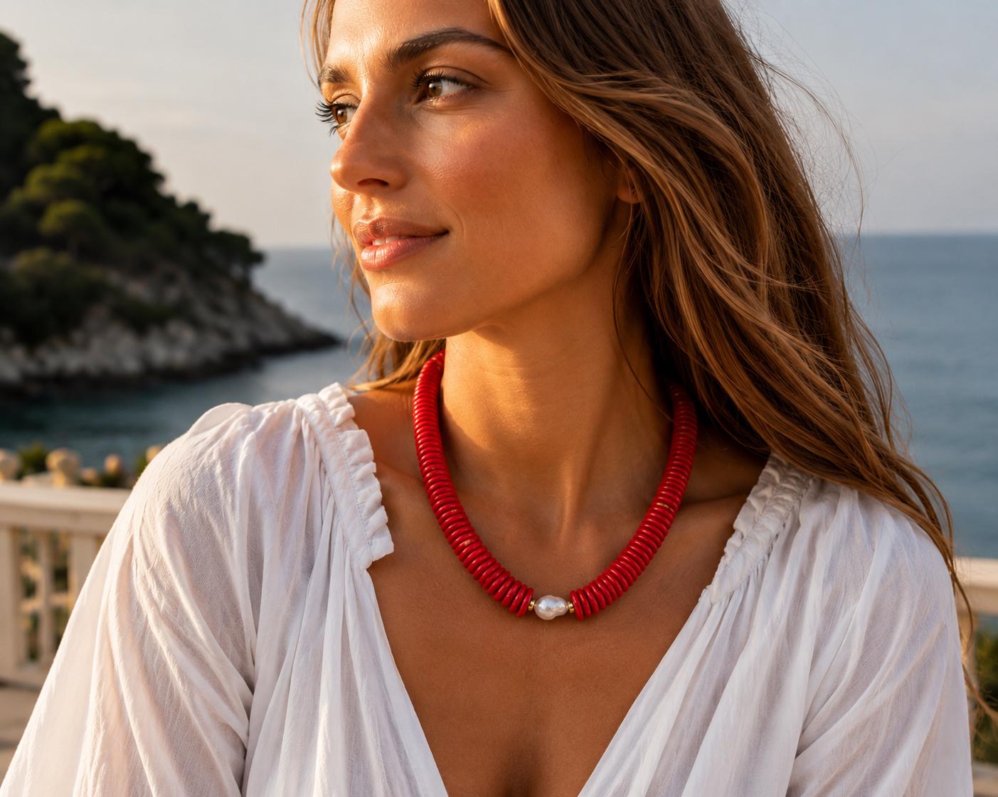 Boho Red Beaded and Pearl Necklace | Chunky Red Statement Necklace | Handmade Layering Necklace | Gift for her