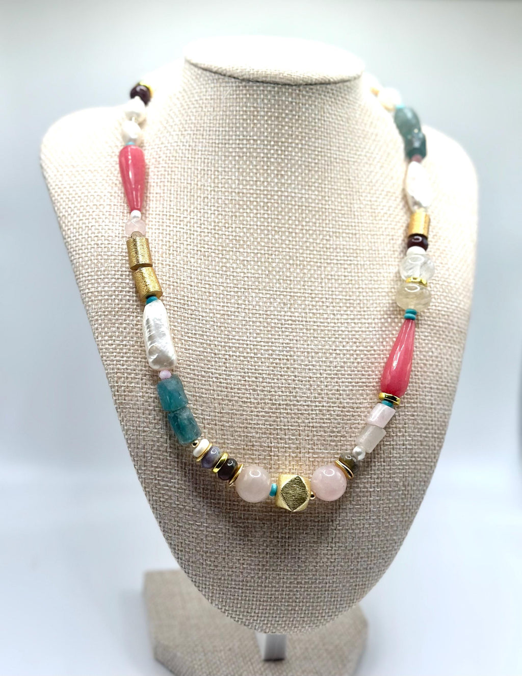 Multi-Colored Gemstone & Pearl Beaded Necklace | Boho Statement Jewelry