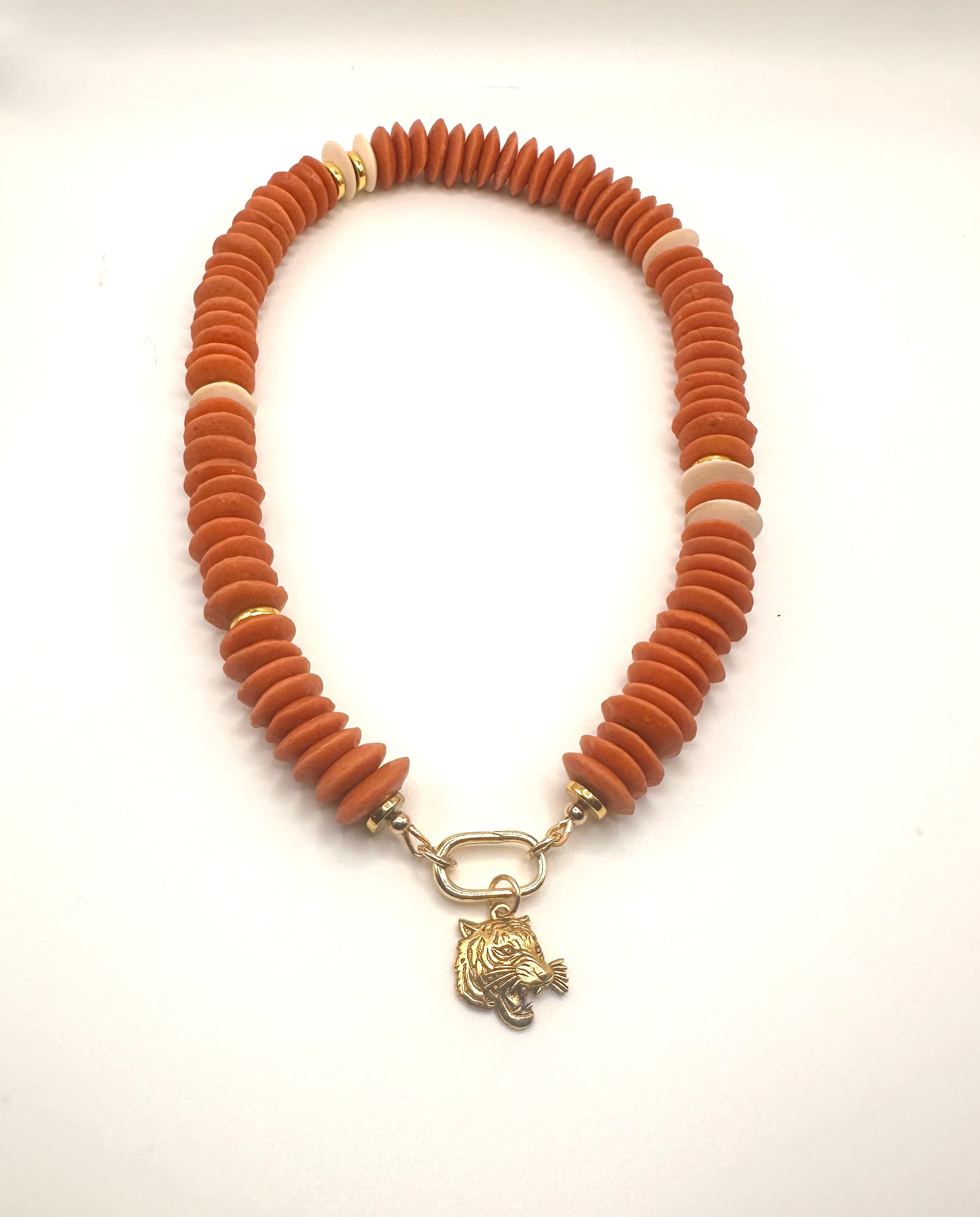 Orange African Glass Beaded Necklace | Boho Statement Jewelry with Gold Accents