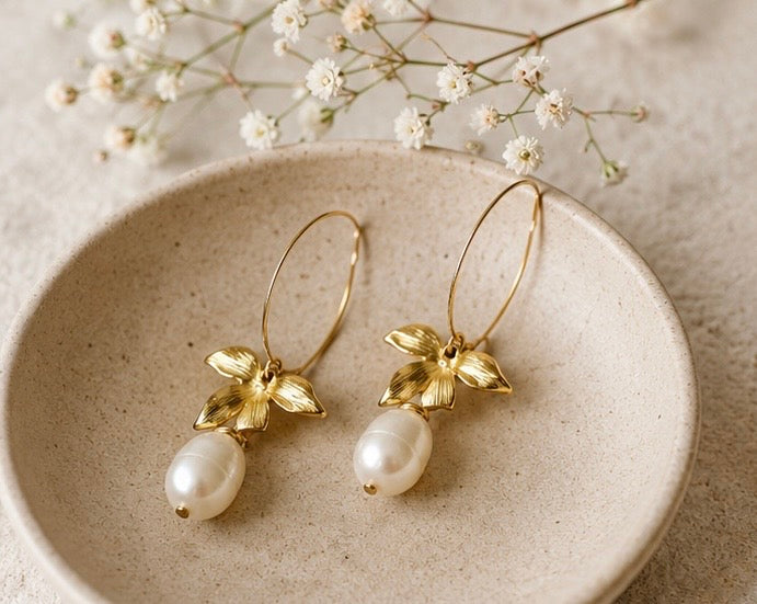 Freshwater Pearl & Gold Flower Drop Earrings | Dainty Statement Jewelry