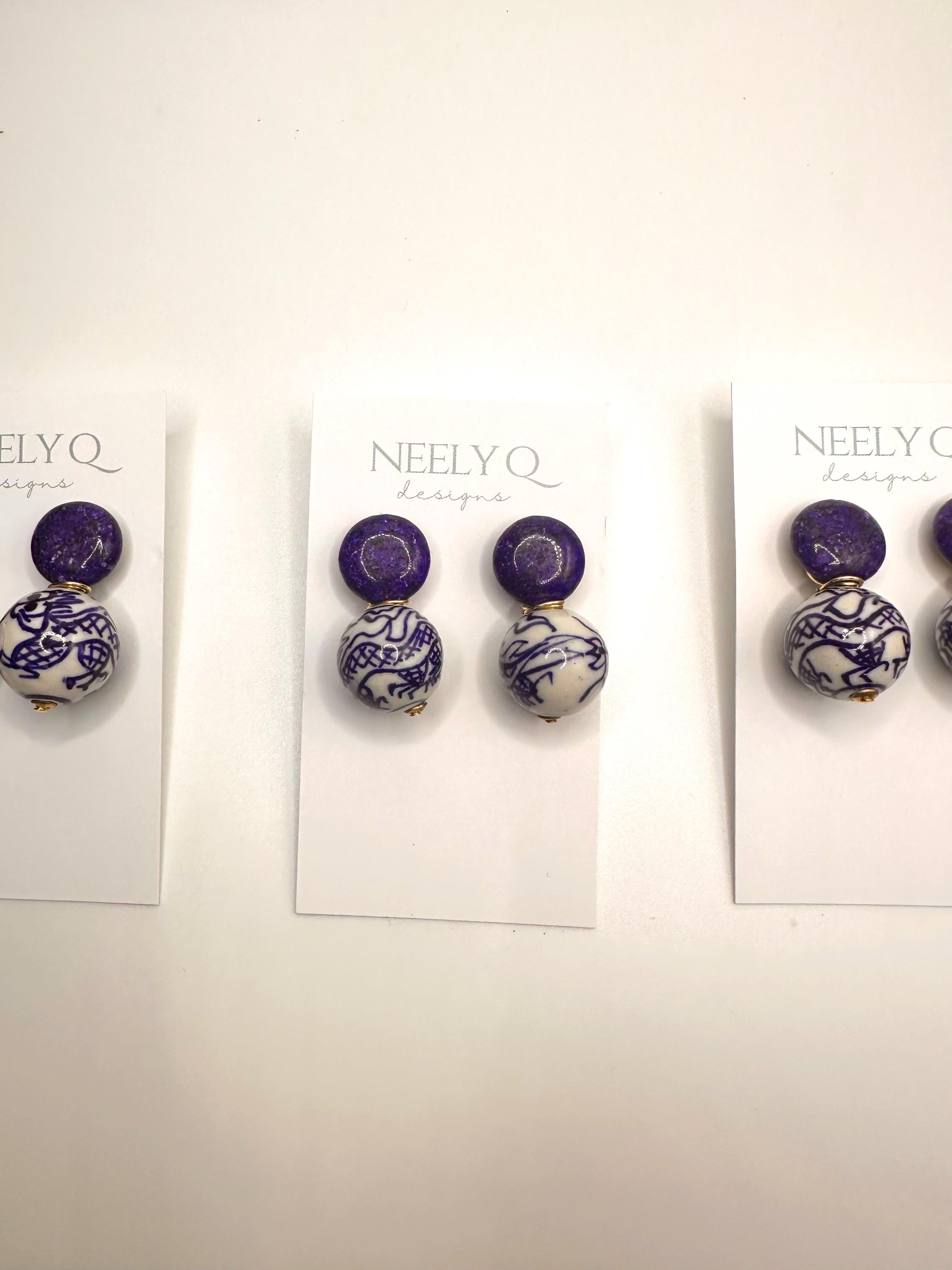 Blue Stone & Chinoiserie Bead Drop Earrings | Dainty Bridal Jewelry